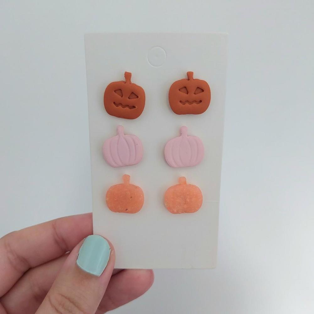 Orange and Pink Pumpkin Halloween Earrings - Picture 2 of 2